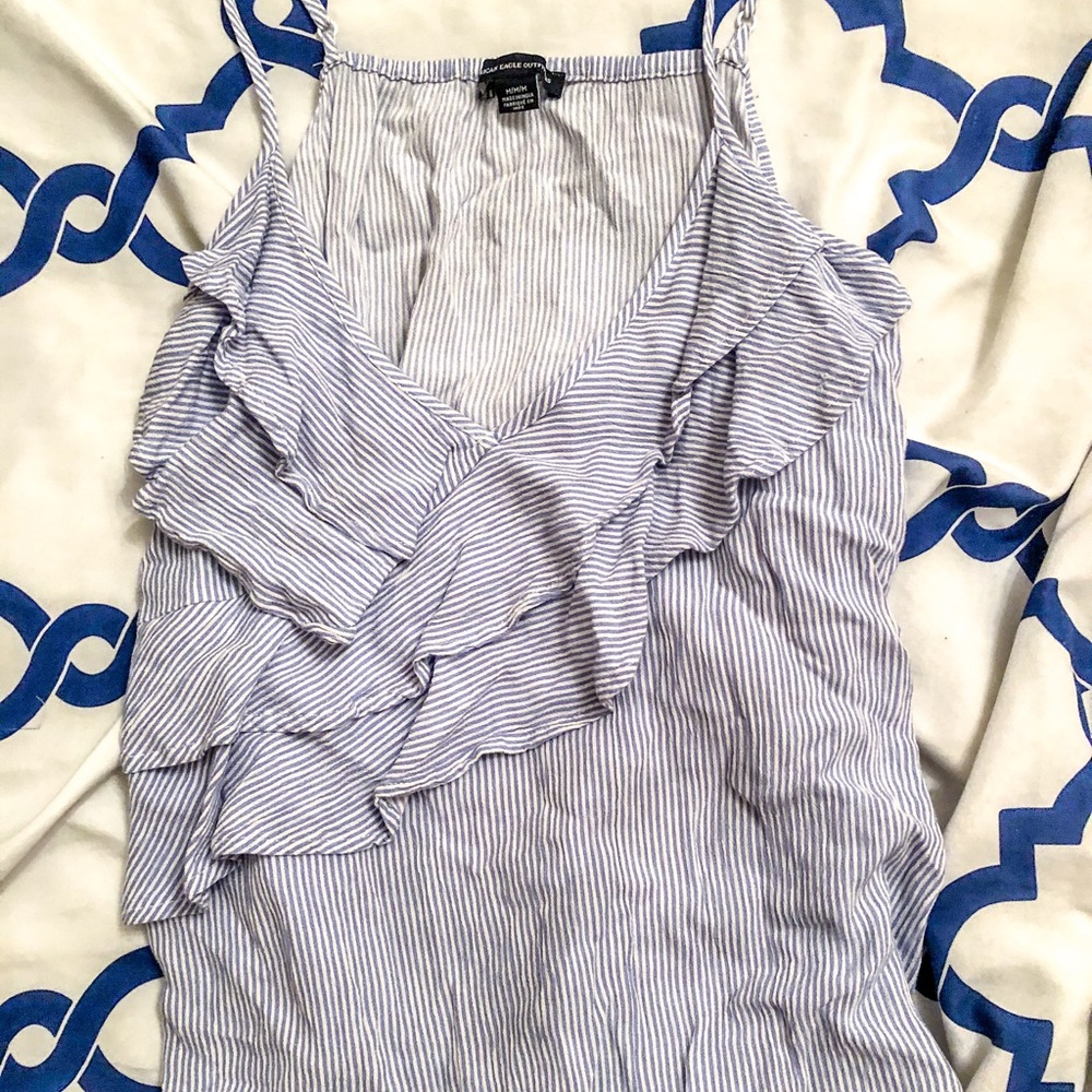 American Eagle Blue and white ruffle tank